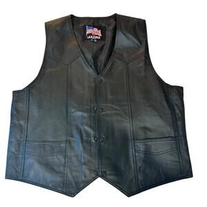 USA Black Leather Vest MOTO Biker Snap Front SZ XL Pocket Embroidered Back Eagle